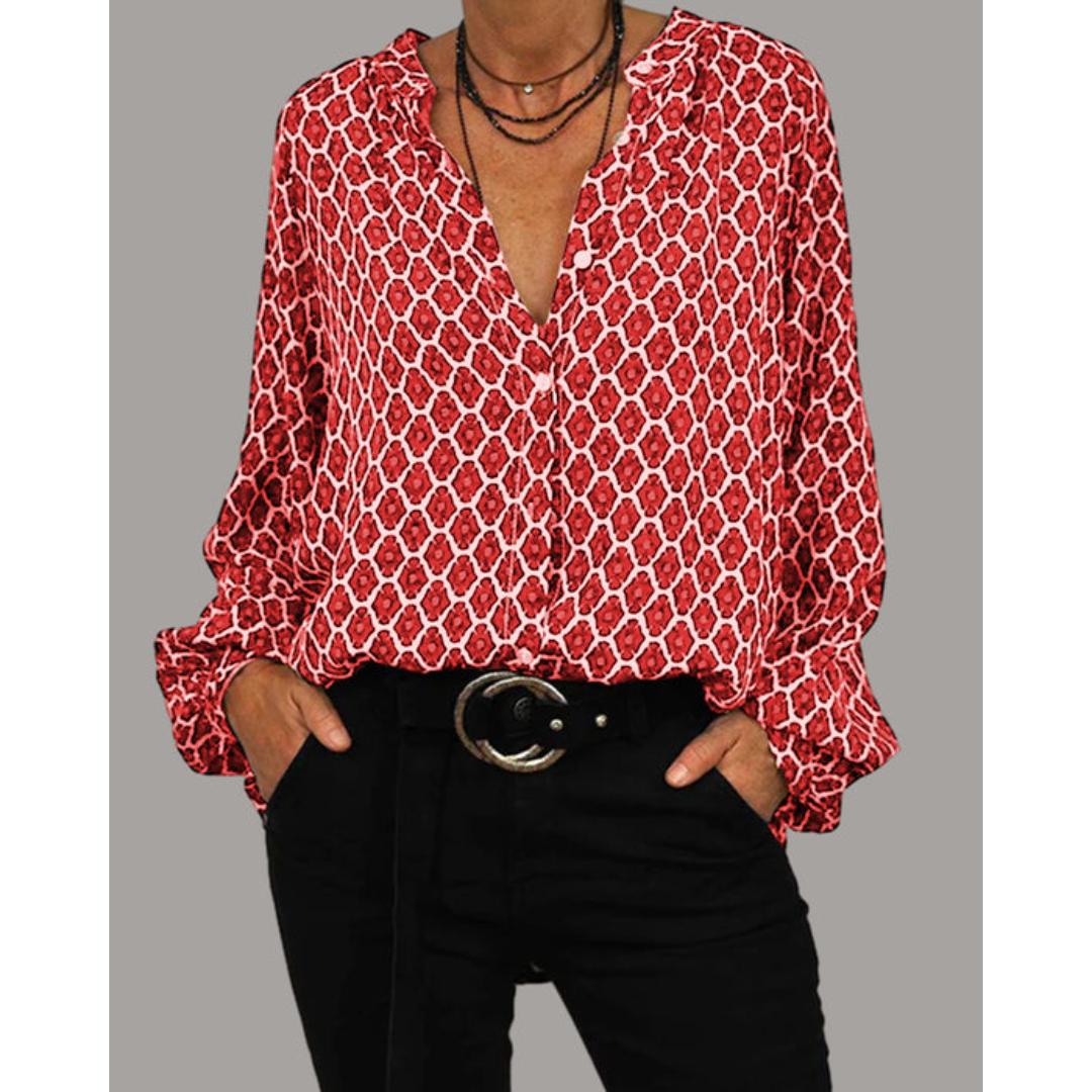 Geometric Print Split Neck Long Sleeve Blouse 6