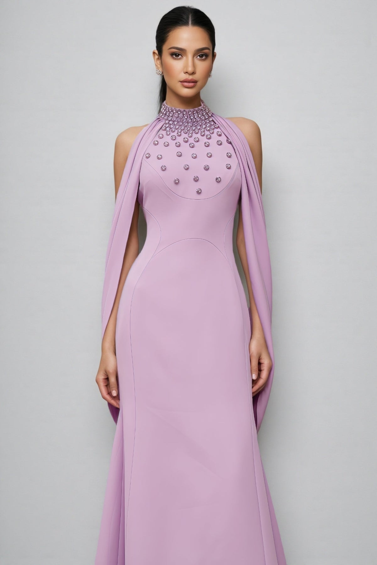 Beaded Floral Mock Neck Cape Sleeve Column Maxi Gown - View 5