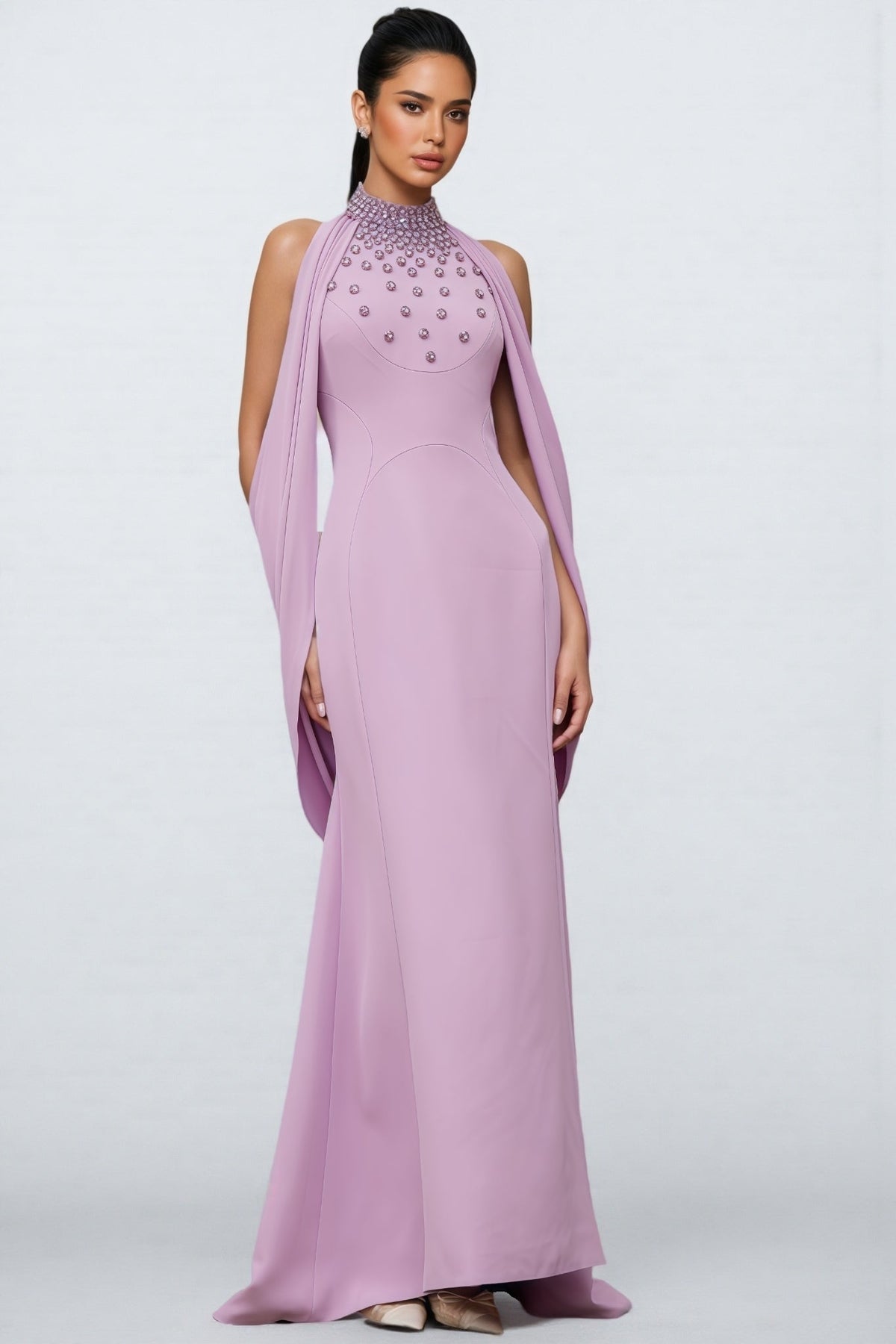 Beaded Floral Mock Neck Cape Sleeve Column Maxi Gown - View 3