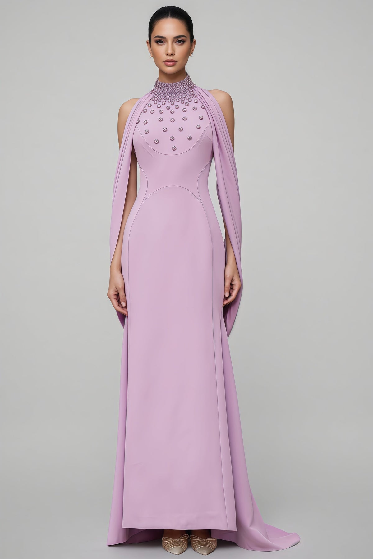 Beaded Floral Mock Neck Cape Sleeve Column Maxi Gown