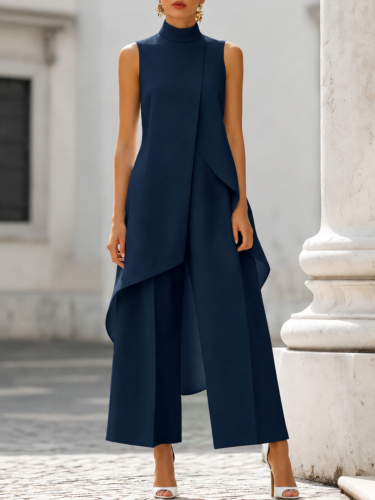 Sleeveless Mock Neck Draped Top and Wide Leg Pants Two Piece Set 9