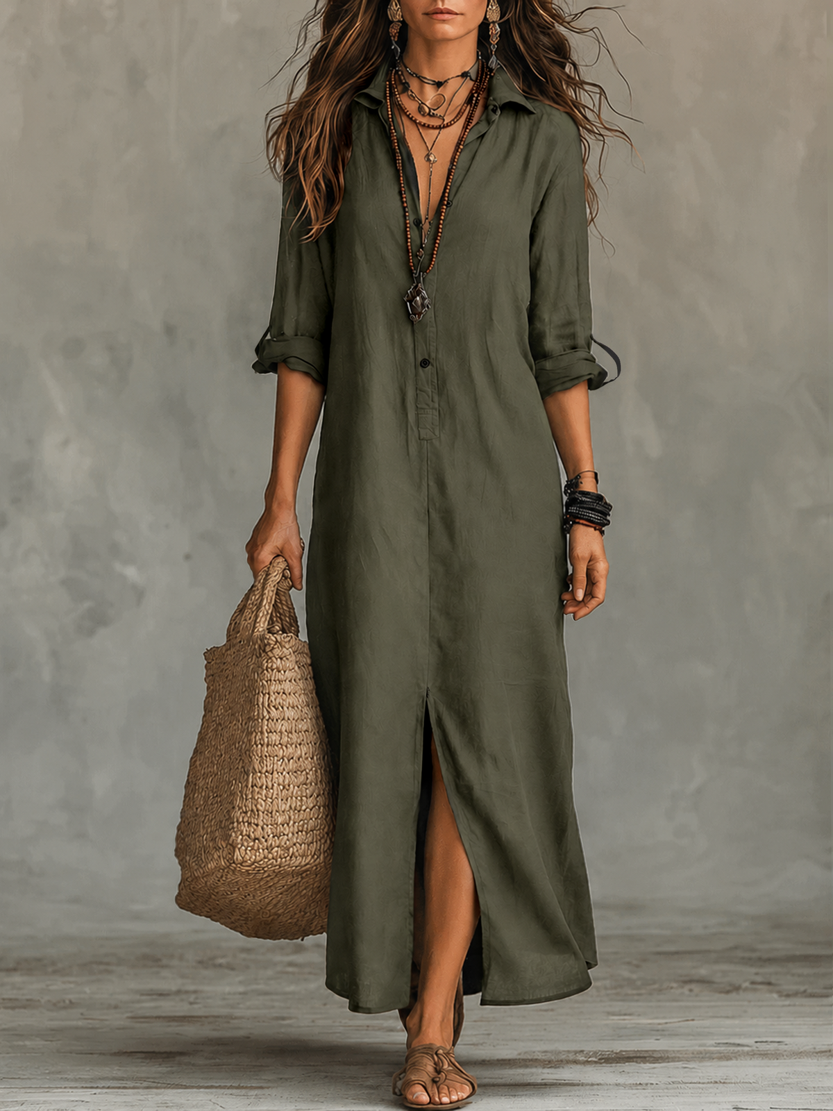 Button Front Long Sleeve Collared Maxi Shirt Dress 8