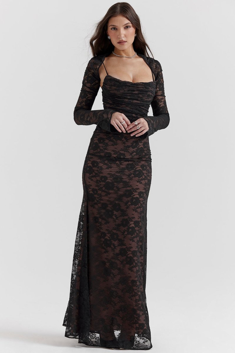 Tulle Sweetheart Long Sleeve A-Line Maxi Gown - View 2
