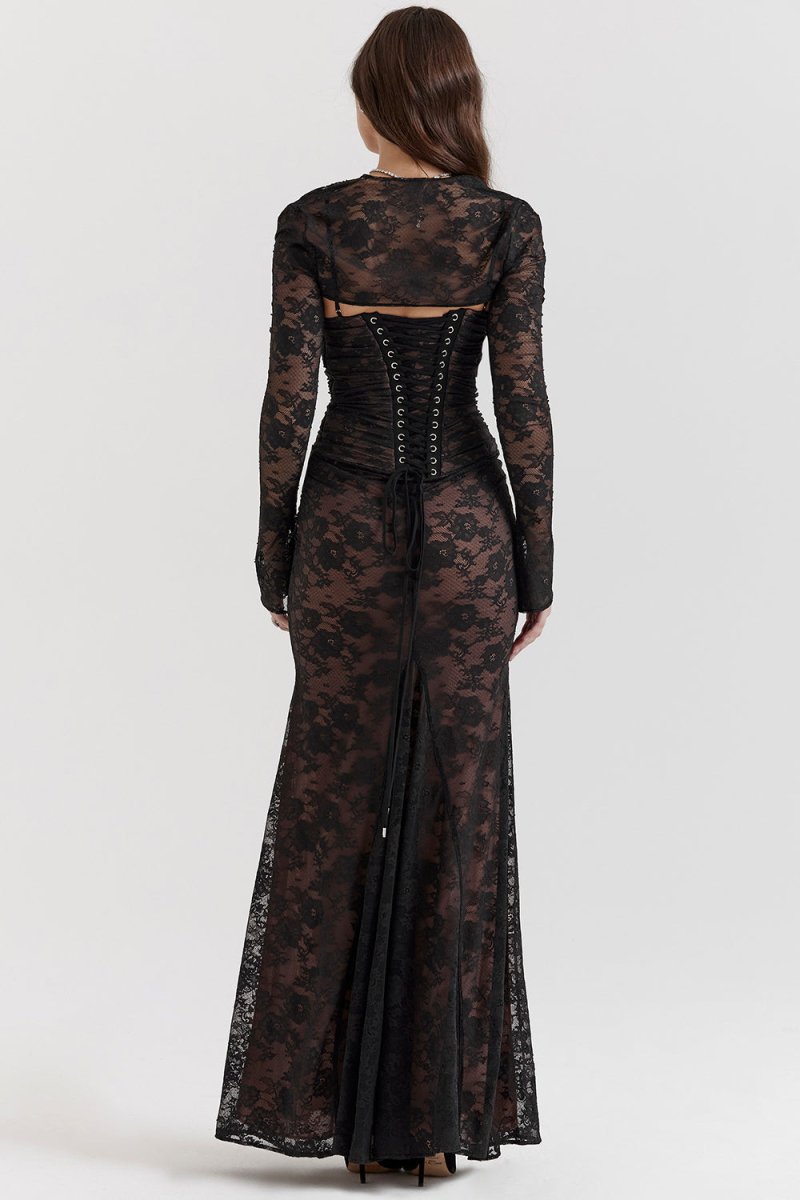 Tulle Sweetheart Long Sleeve A-Line Maxi Gown - View 3