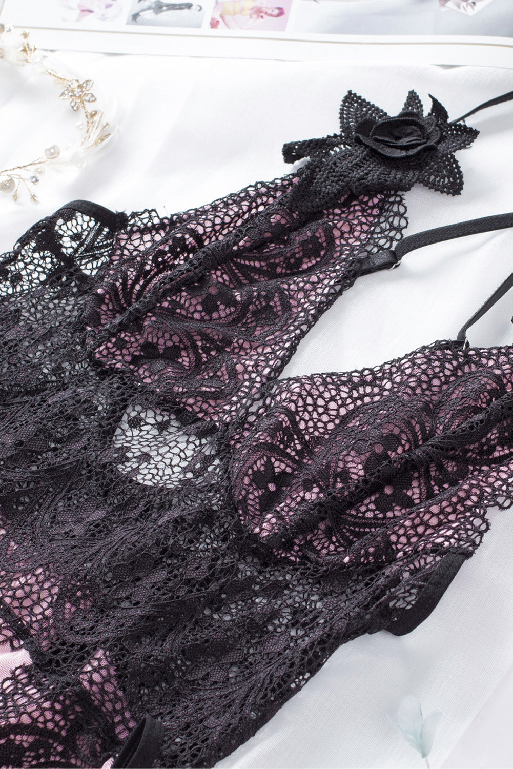 Floral Lace Spaghetti Strap Scalloped V-Neck Vertical Lace Panel Babydoll Gown 30
