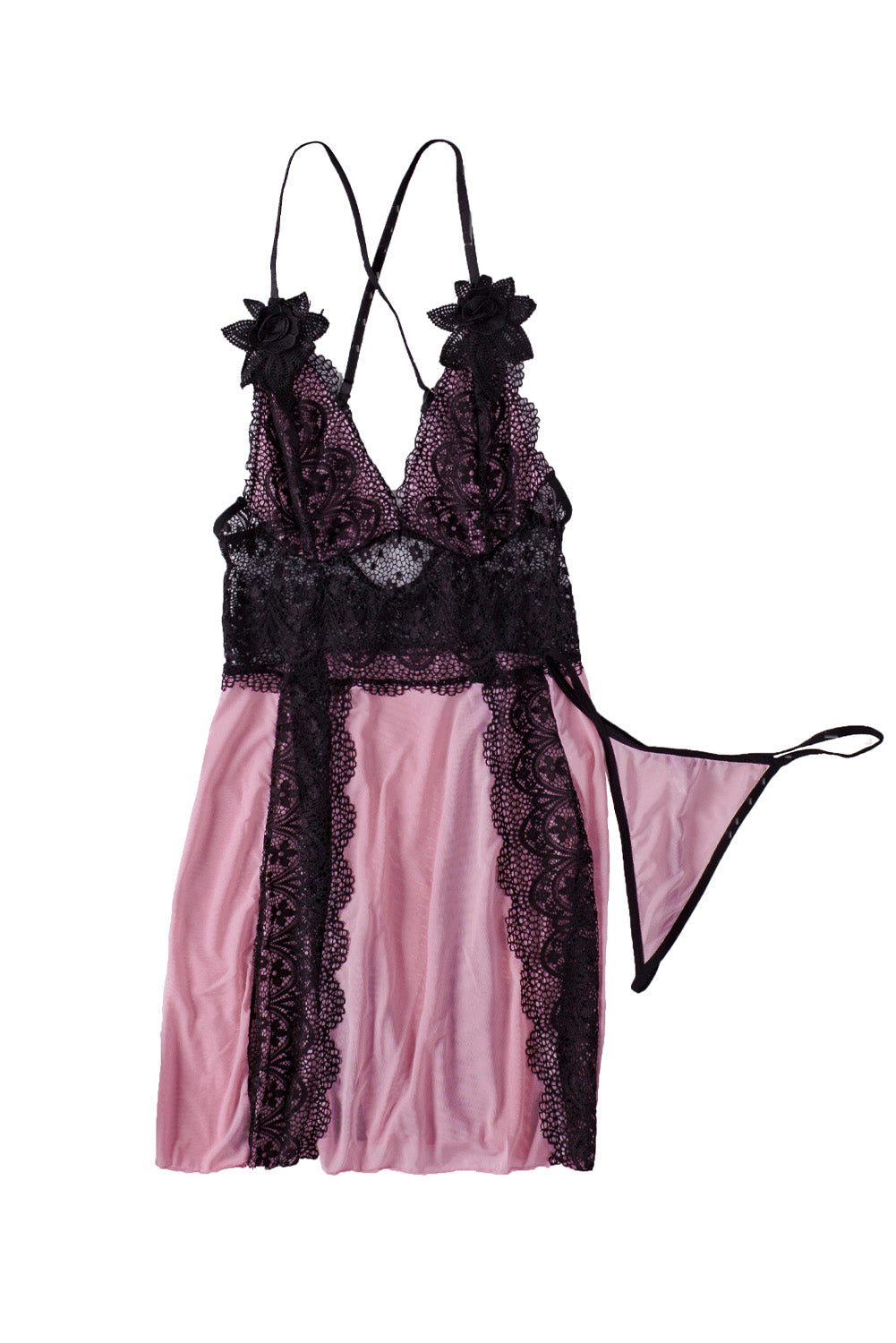 Floral Lace Spaghetti Strap Scalloped V-Neck Vertical Lace Panel Babydoll Gown 42