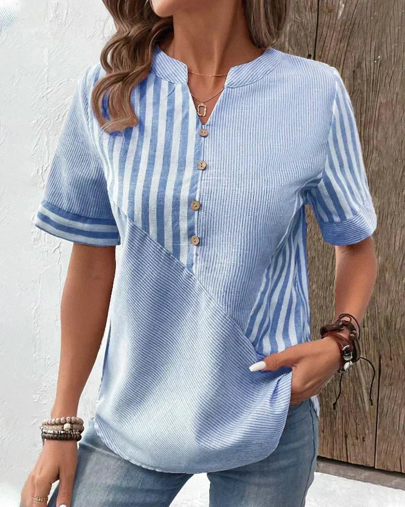 Striped Colorblock Notch Neck Button Short Sleeve Blouse 3