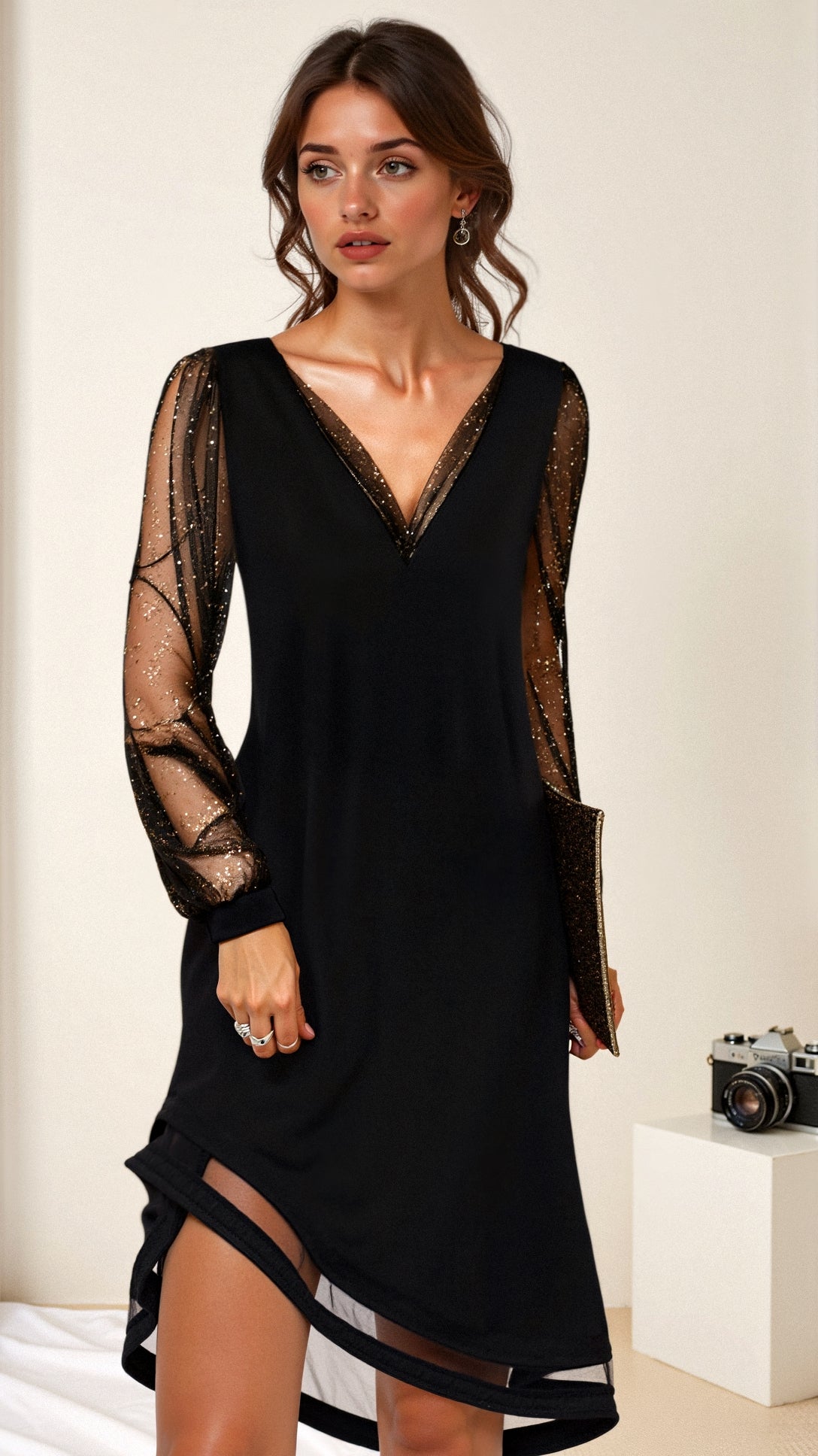 Mesh Glitter Panel Deep V-Neck Shift Mini Cocktail Dress - View 2