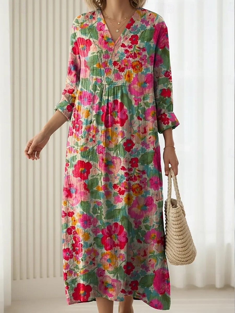 Floral Print V-Neck Button Placket A-Line Maxi Dress 2