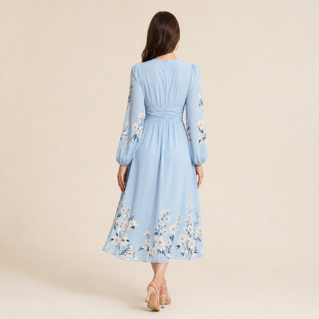 Floral V-Neck Long Sleeve Pleated Chiffon Maxi Dress 6