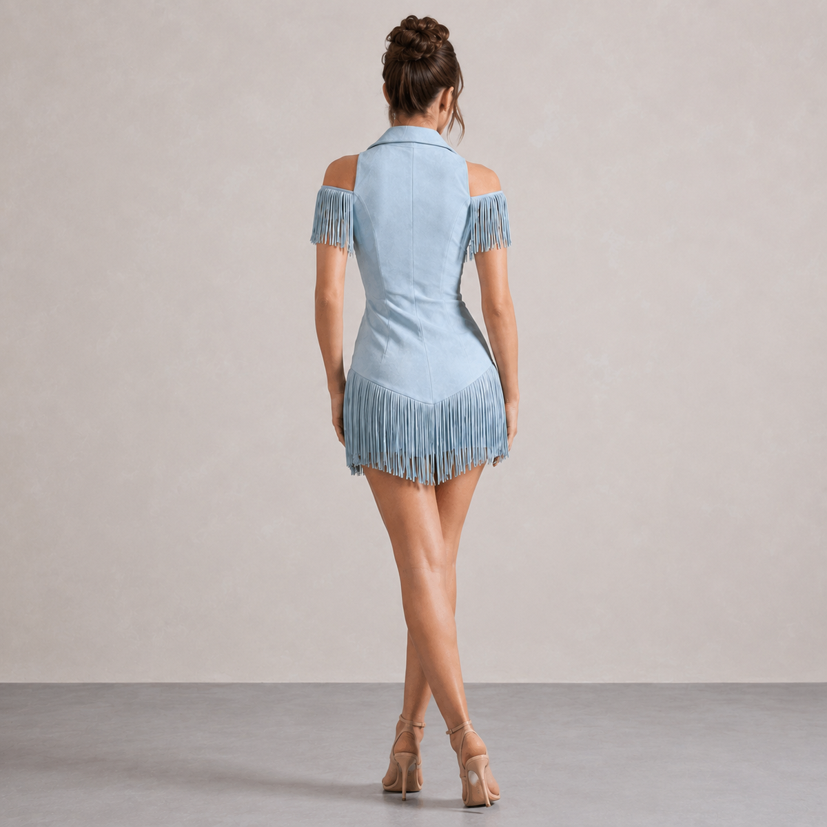 Suede Cold Shoulder Zip Front Fringe Mini Dress 23