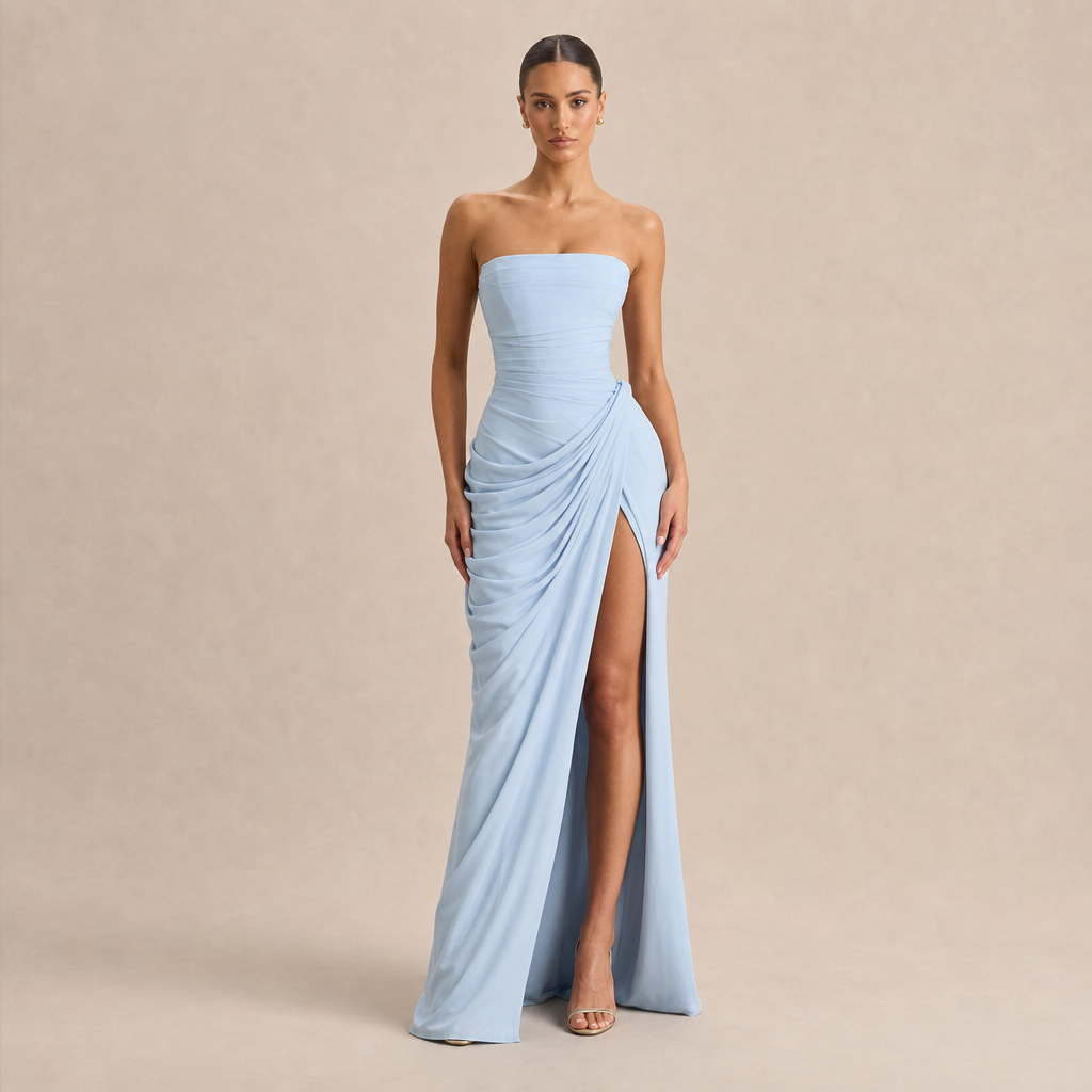 Strapless Ruched Draped High Split Maxi Gown 10