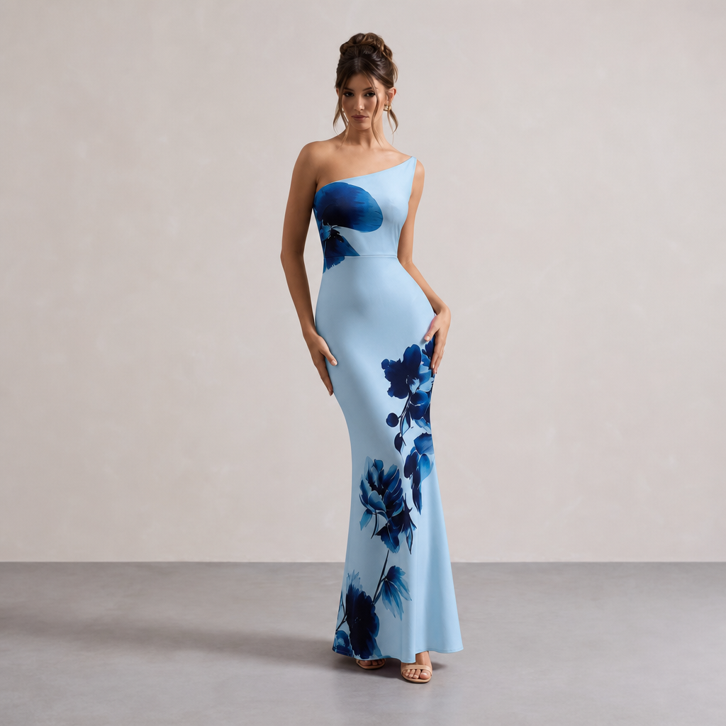 Floral One Shoulder Ruched Fishtail Maxi Dress 7