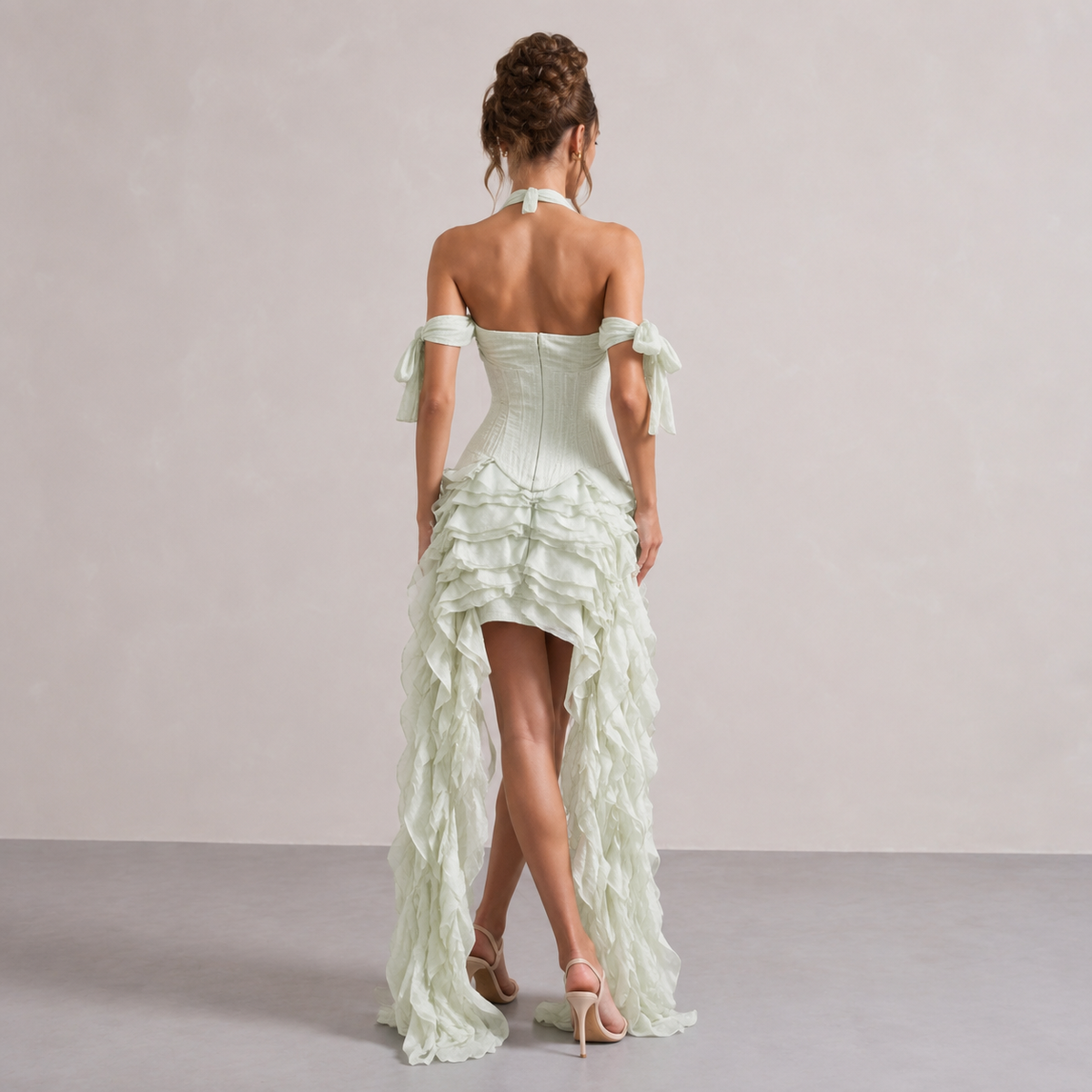 Halter Neck Off Shoulder Corset Ruffle High Low Maxi Dress 18