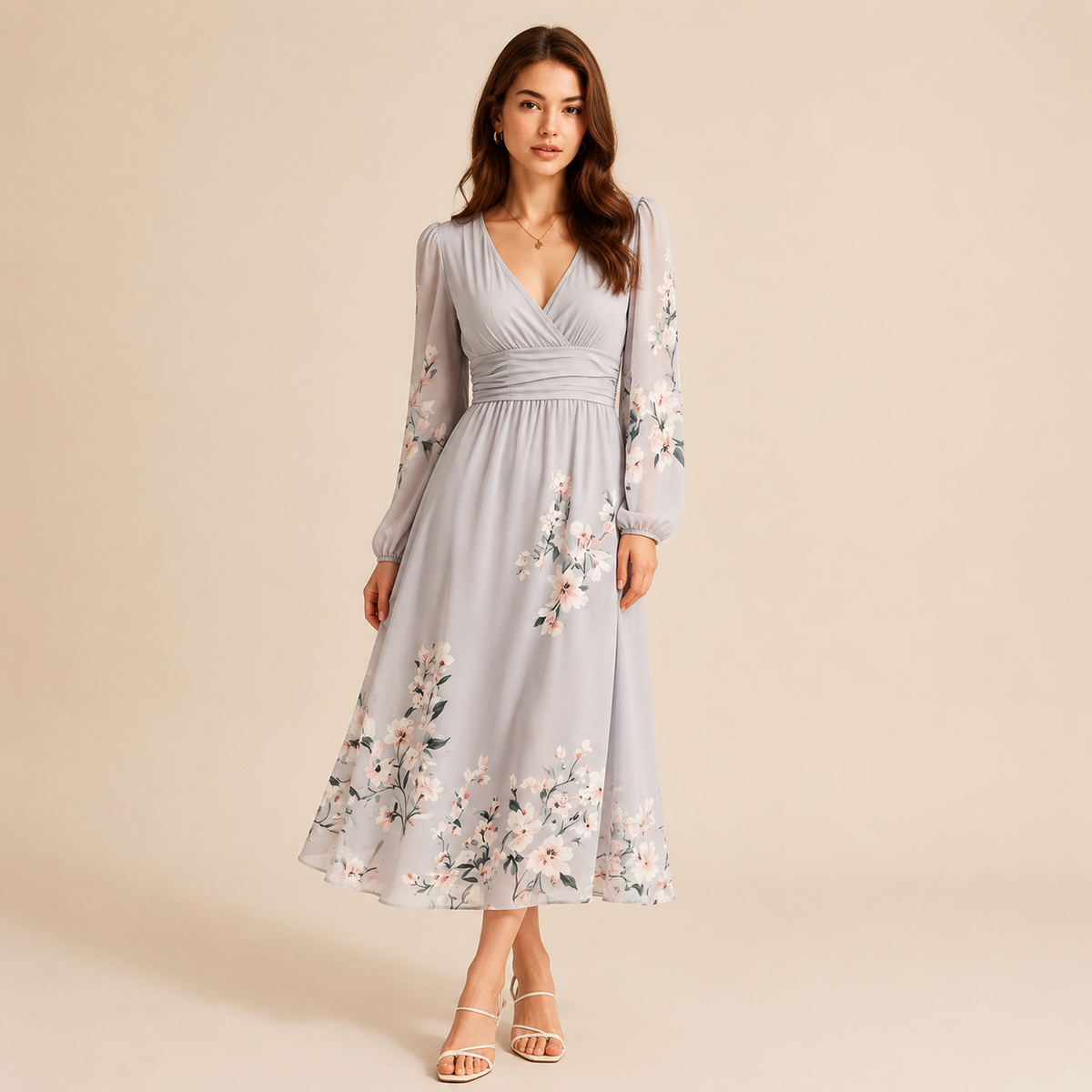Floral V-Neck Long Sleeve Pleated Chiffon Maxi Dress 13
