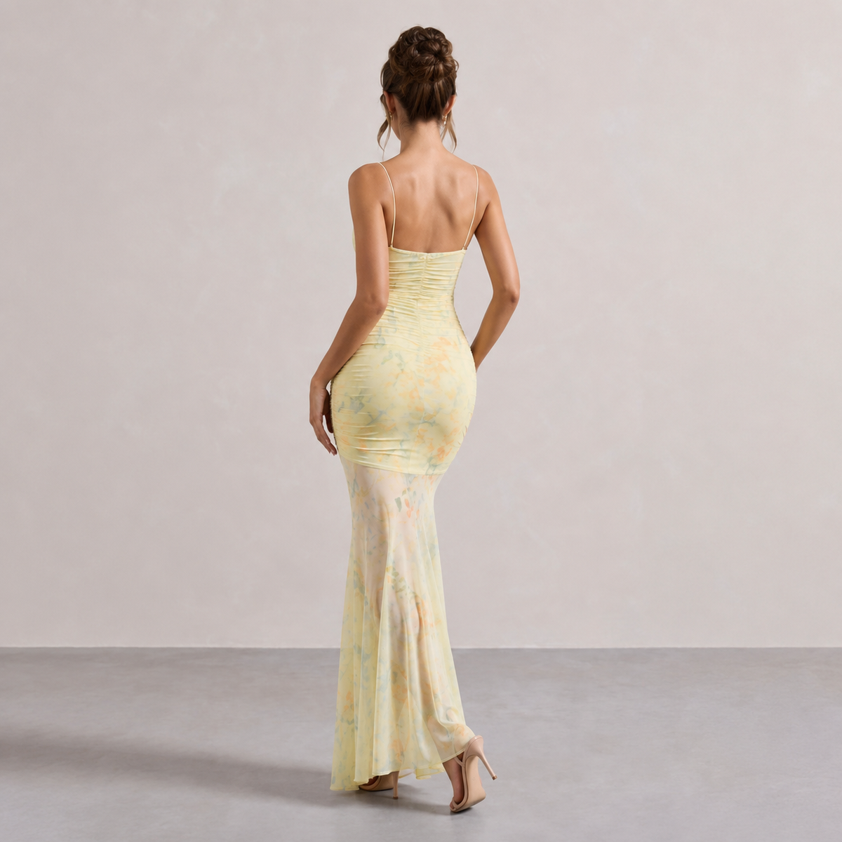 Ruched Floral Mesh Fishtail Maxi Dress 3