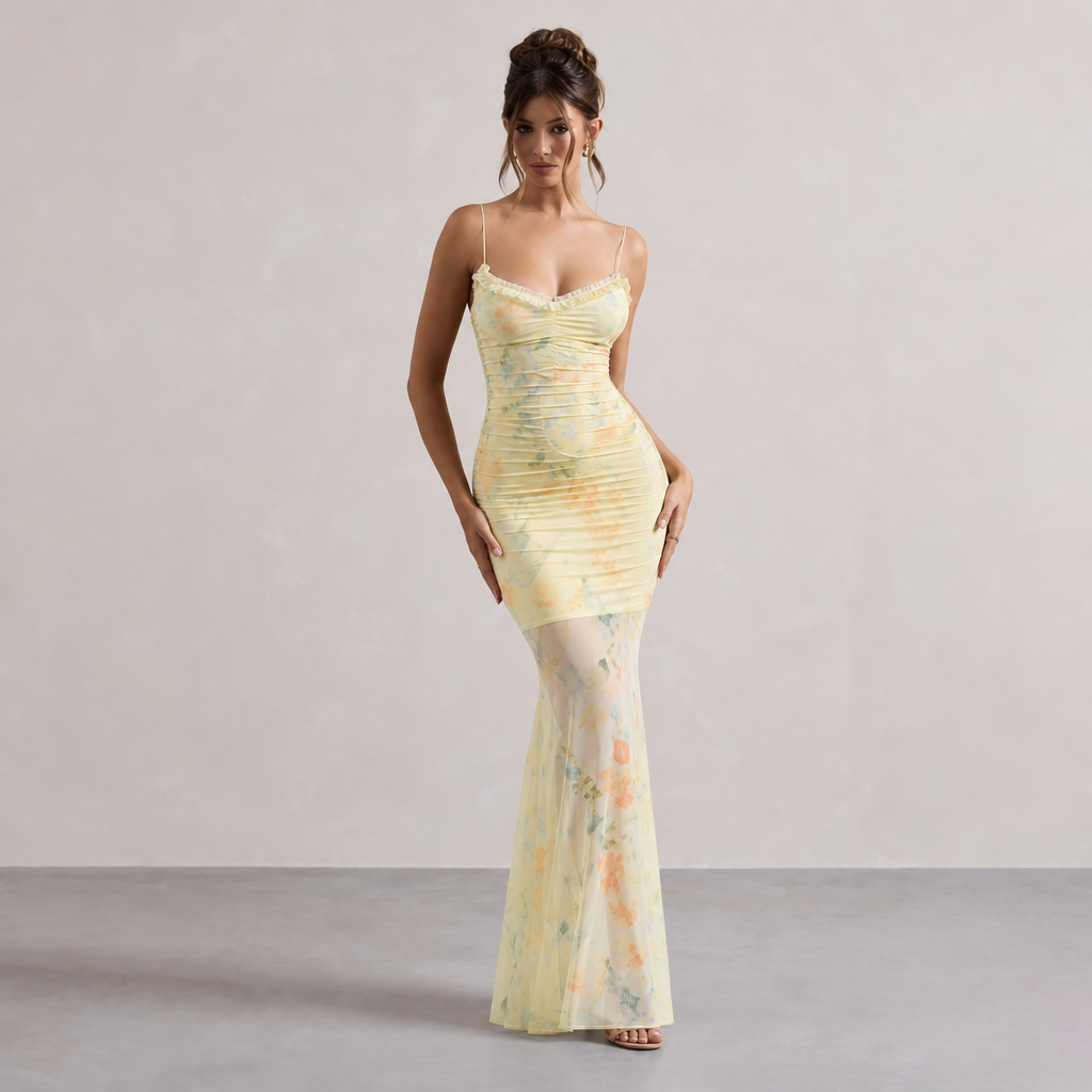 Ruched Floral Mesh Fishtail Maxi Dress