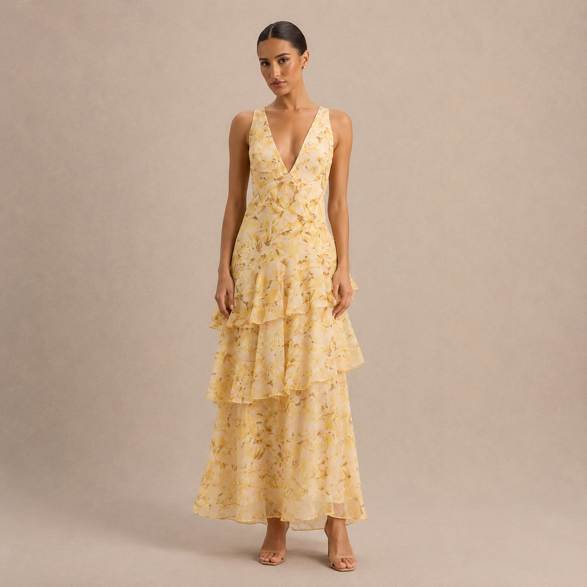 Floral Deep V-Neck Sleeveless Tiered Ruffle Maxi Dress 13