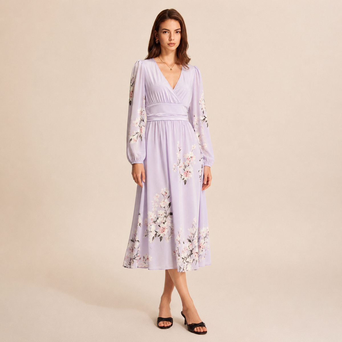 Floral V-Neck Long Sleeve Pleated Chiffon Maxi Dress 22