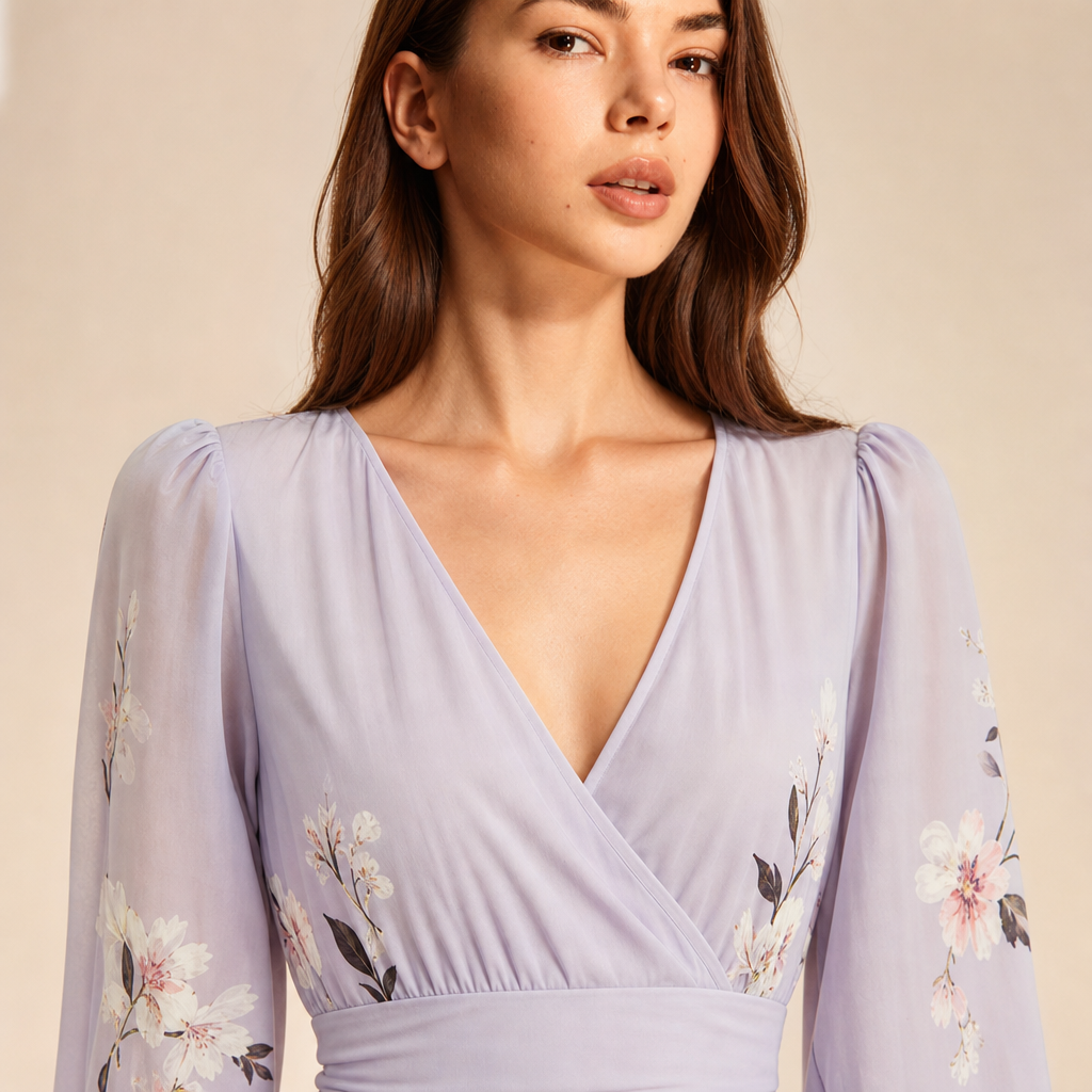 Floral V-Neck Long Sleeve Pleated Chiffon Maxi Dress 23