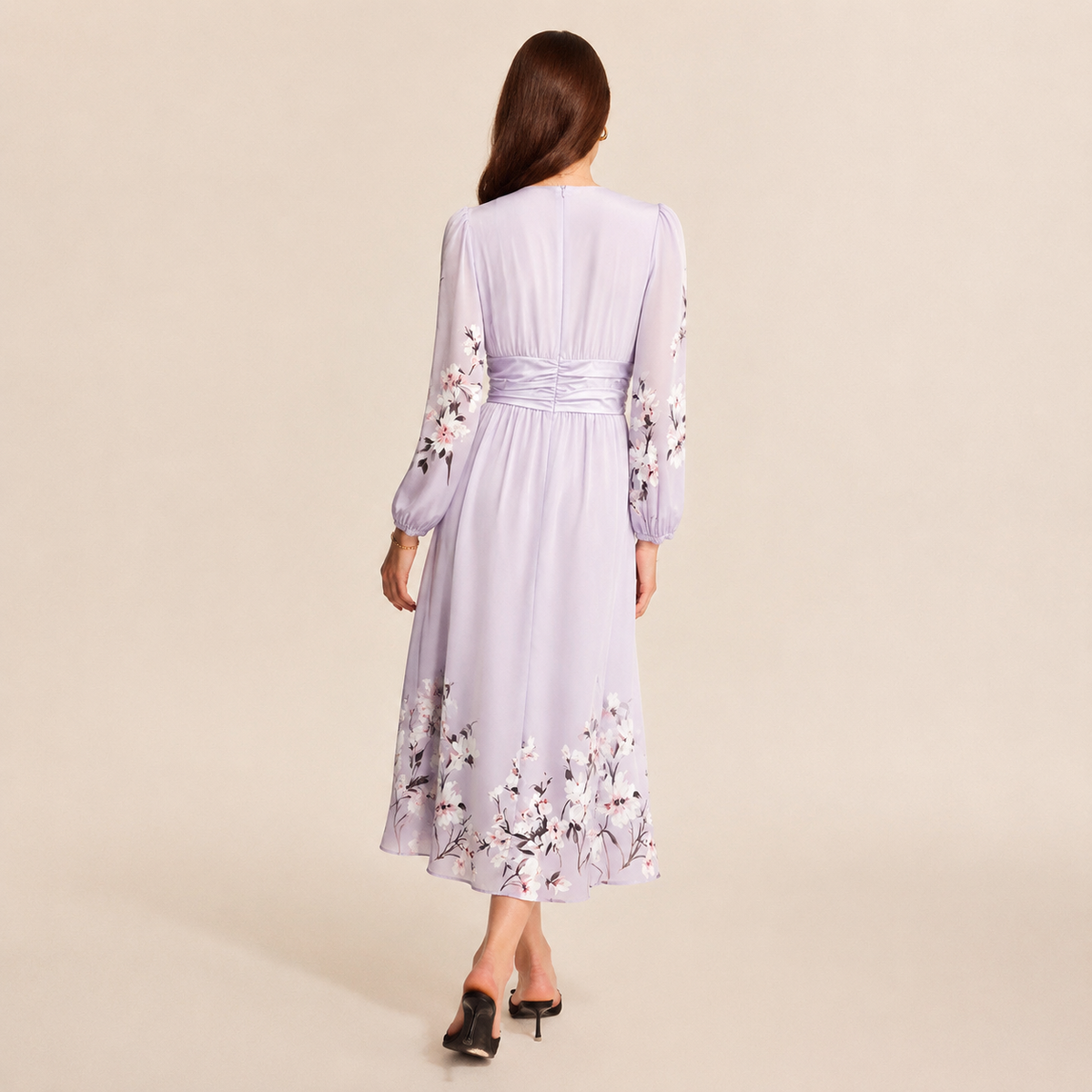 Floral V-Neck Long Sleeve Pleated Chiffon Maxi Dress 24