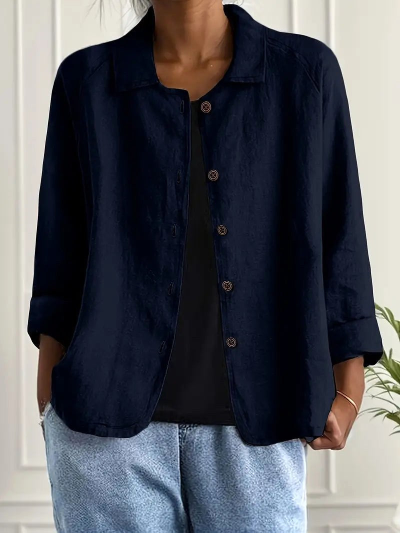 Collared Button Front Long Sleeve Linen Blouse