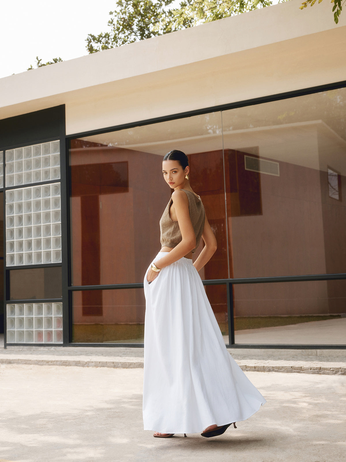 High Waist Pocket Flowy A-Line Maxi Skirt 3