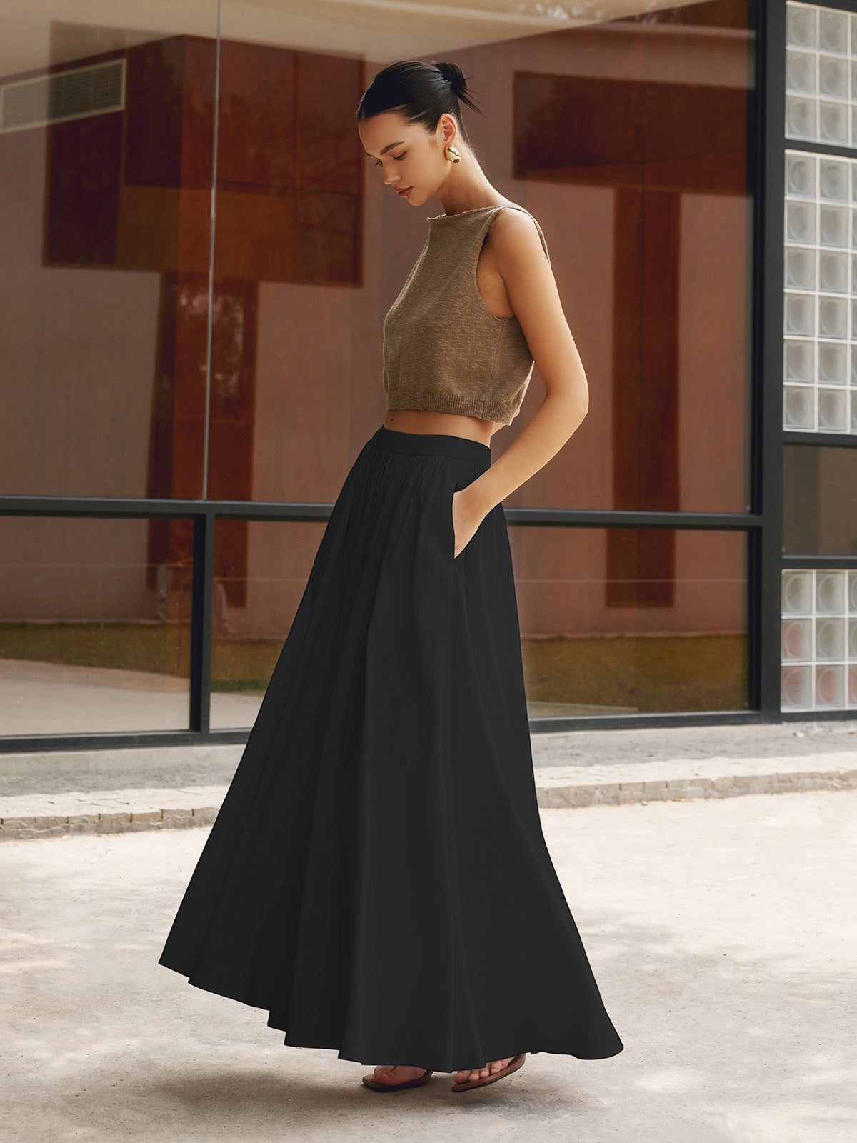 High Waist Pocket Flowy A-Line Maxi Skirt 6