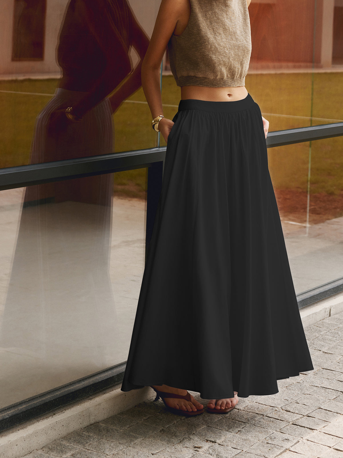 High Waist Pocket Flowy A-Line Maxi Skirt 7