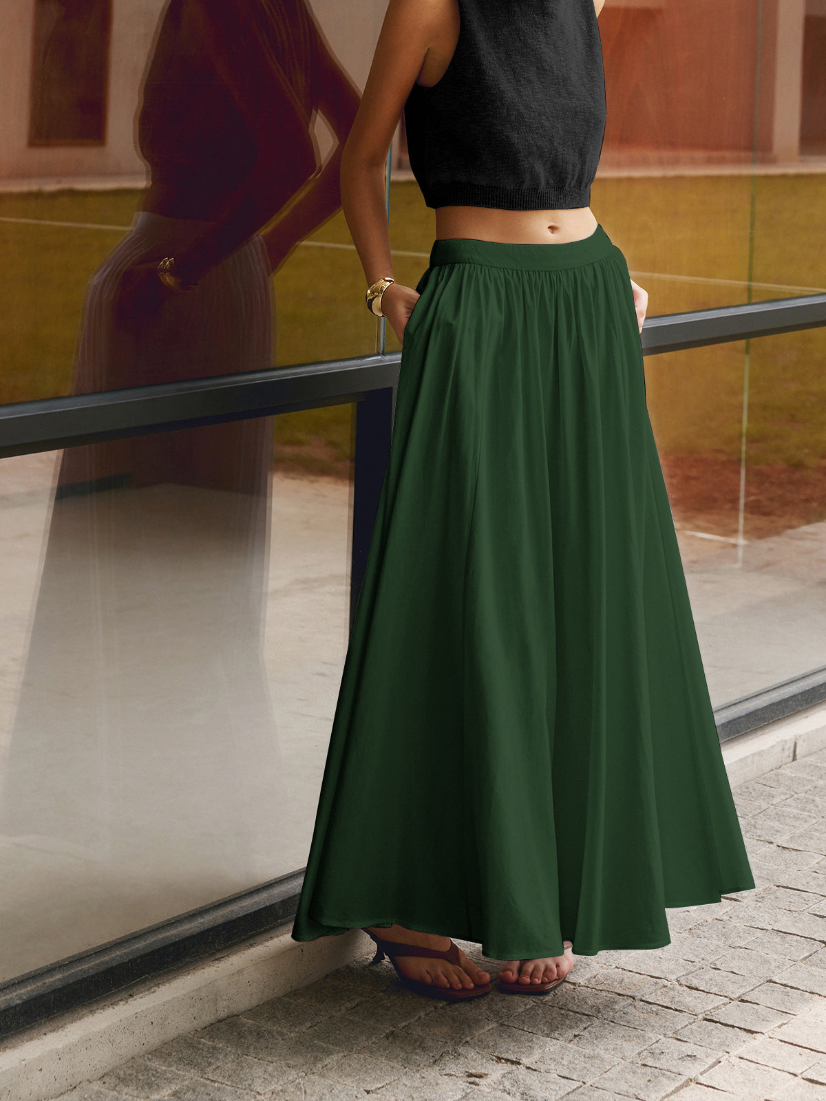 High Waist Pocket Flowy A-Line Maxi Skirt 9