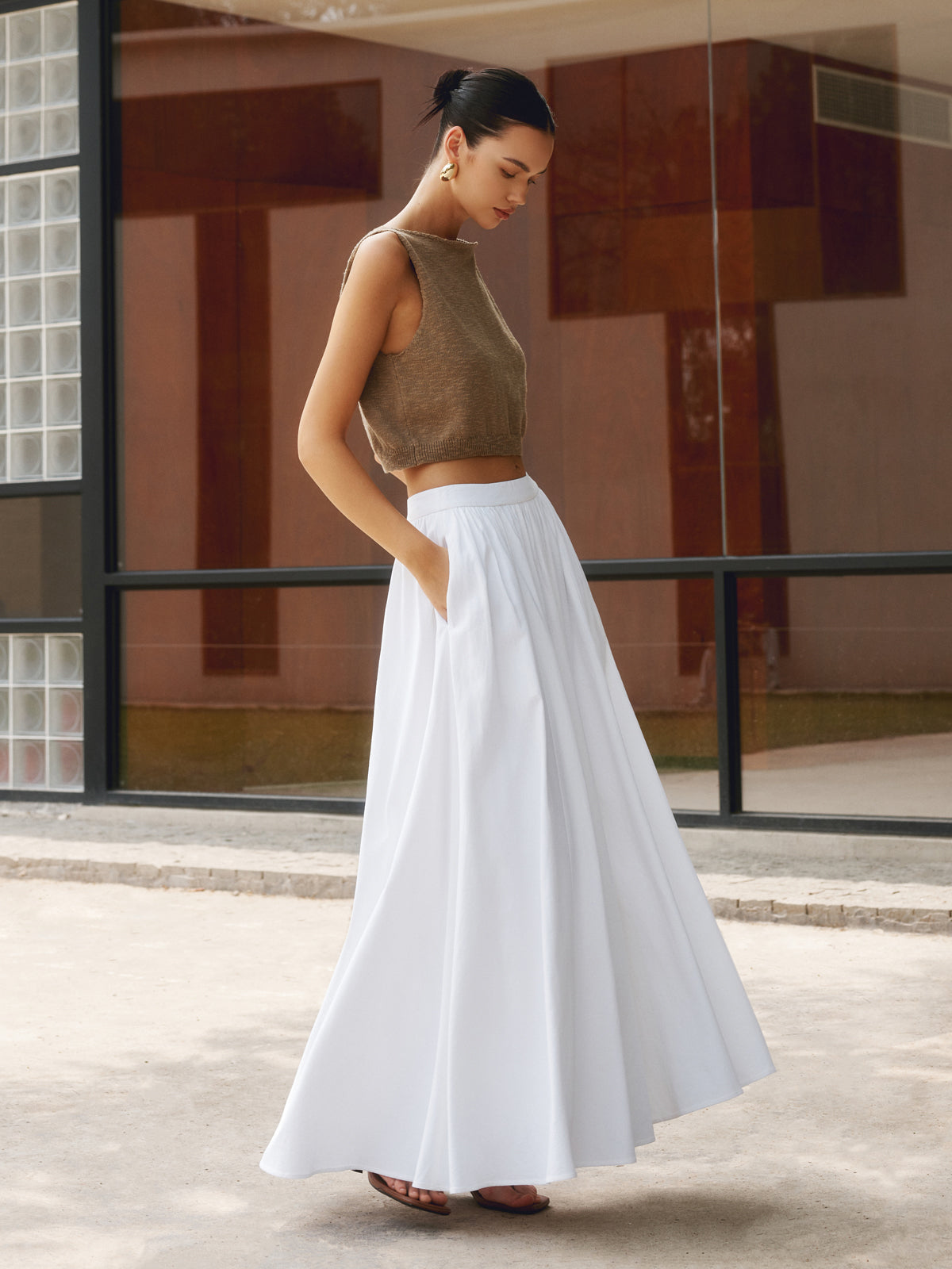 High Waist Pocket Flowy A-Line Maxi Skirt