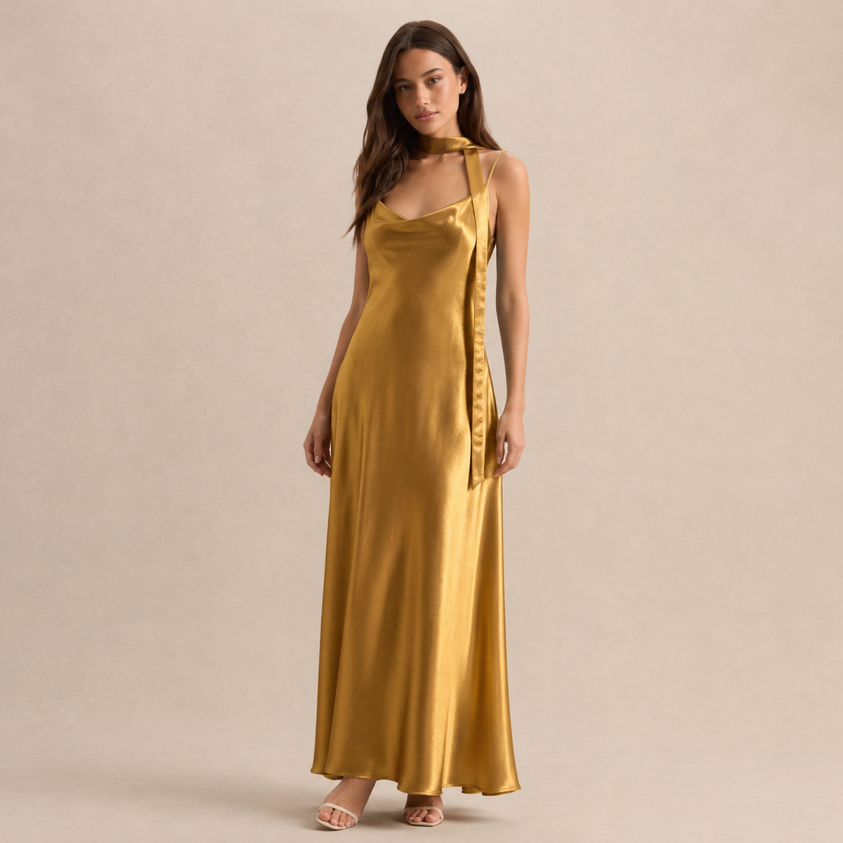 Scarf Neck V-Neck Satin Bias Slip Maxi Dress 21