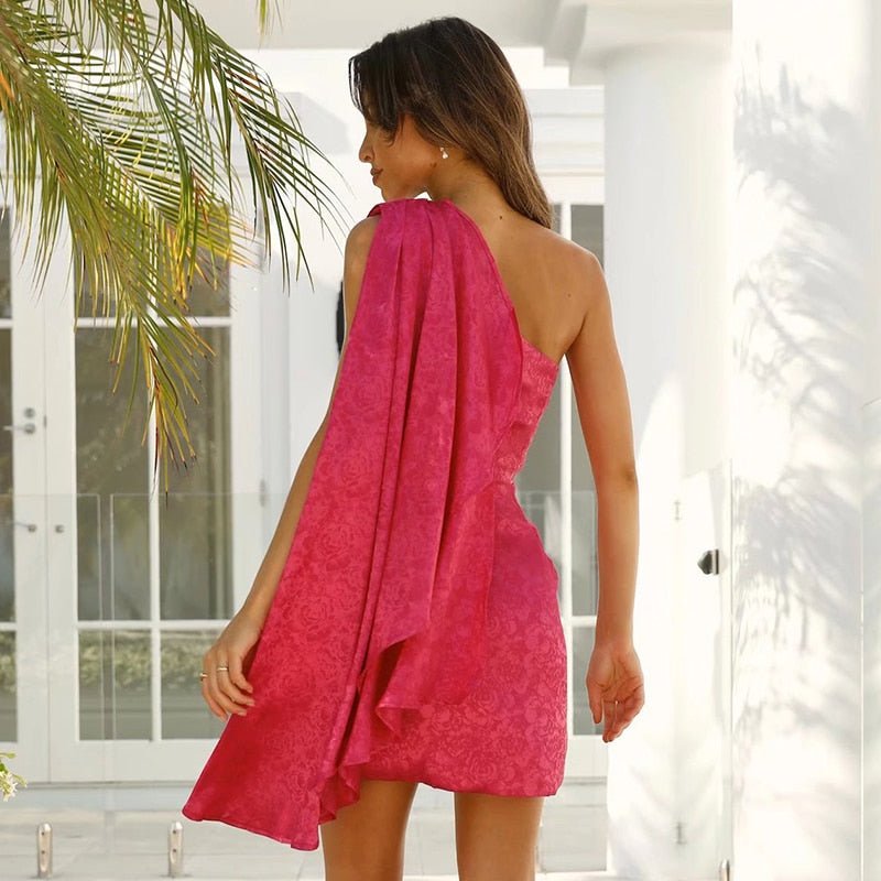 One Shoulder Cut Out Draped Wrap Tie Hip Satin Mini Dress - View 9