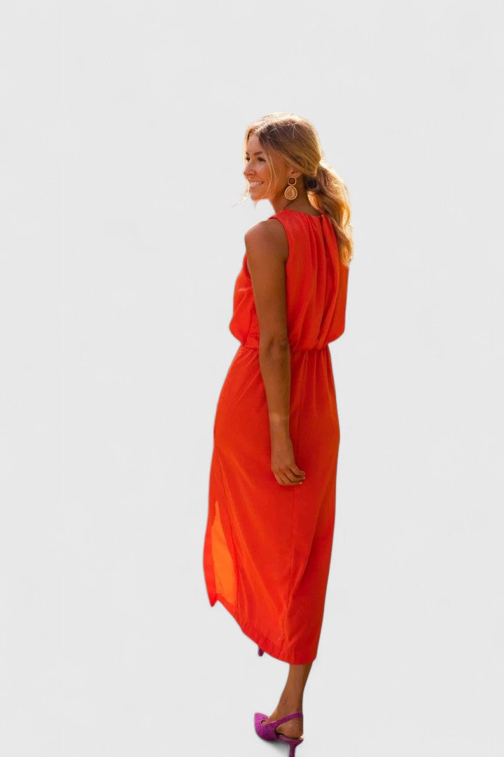 Sleeveless High Neck Gathered Waist Split Maxi Dress