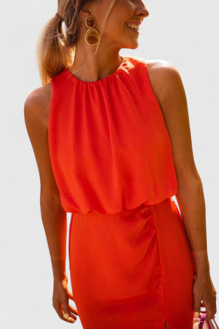 Sleeveless High Neck Gathered Waist Split Maxi Dress 2