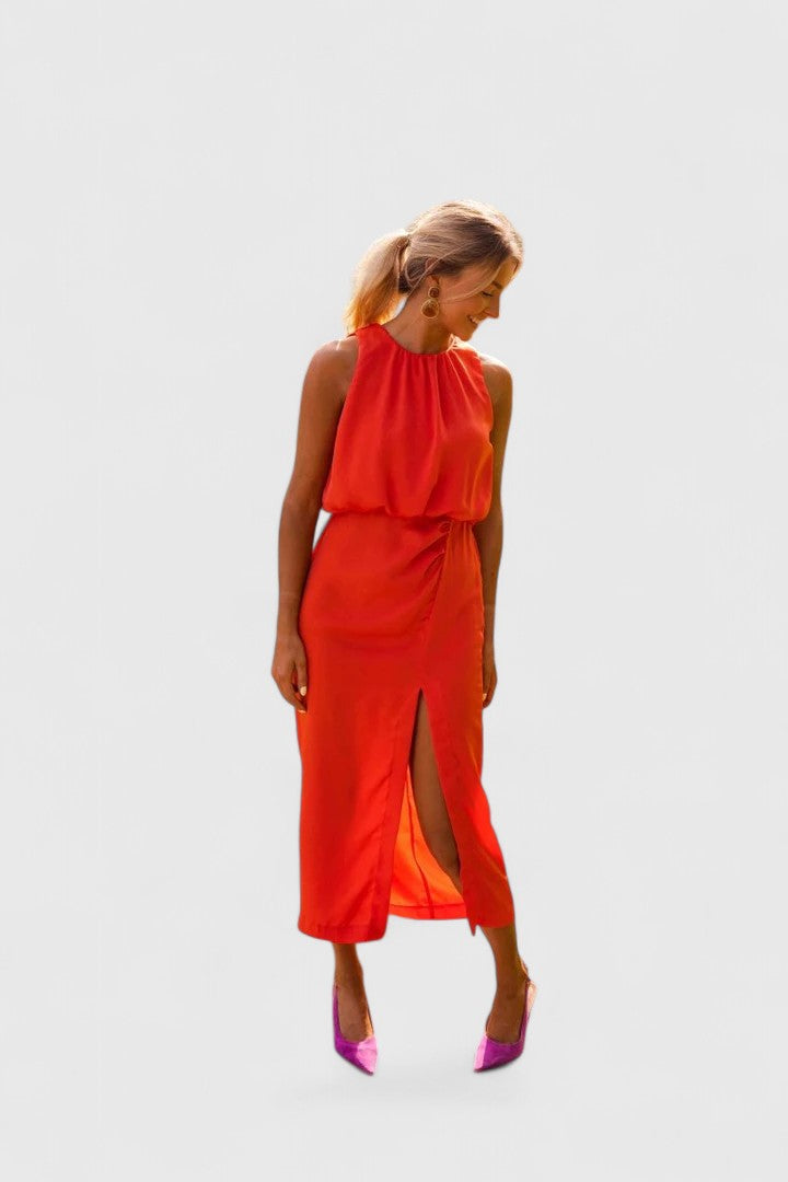 Sleeveless High Neck Gathered Waist Split Maxi Dress 3