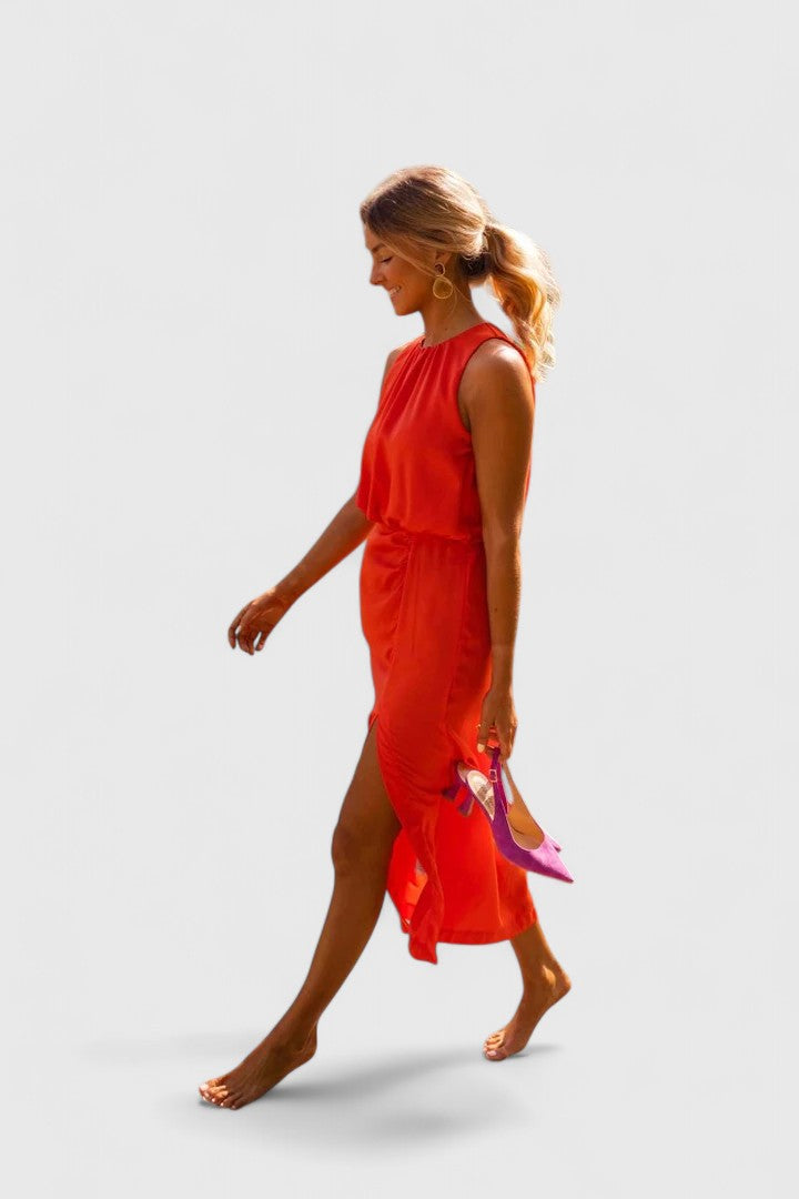 Sleeveless High Neck Gathered Waist Split Maxi Dress 8