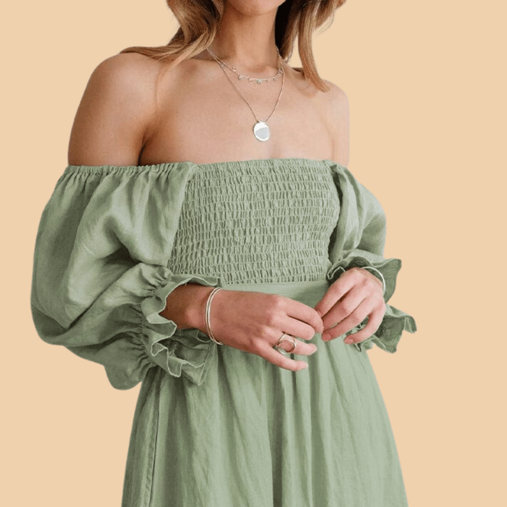 Smocked Off Shoulder Puff Sleeve Ruffle Cuff Flowy Summer Midi Dress - View 4
