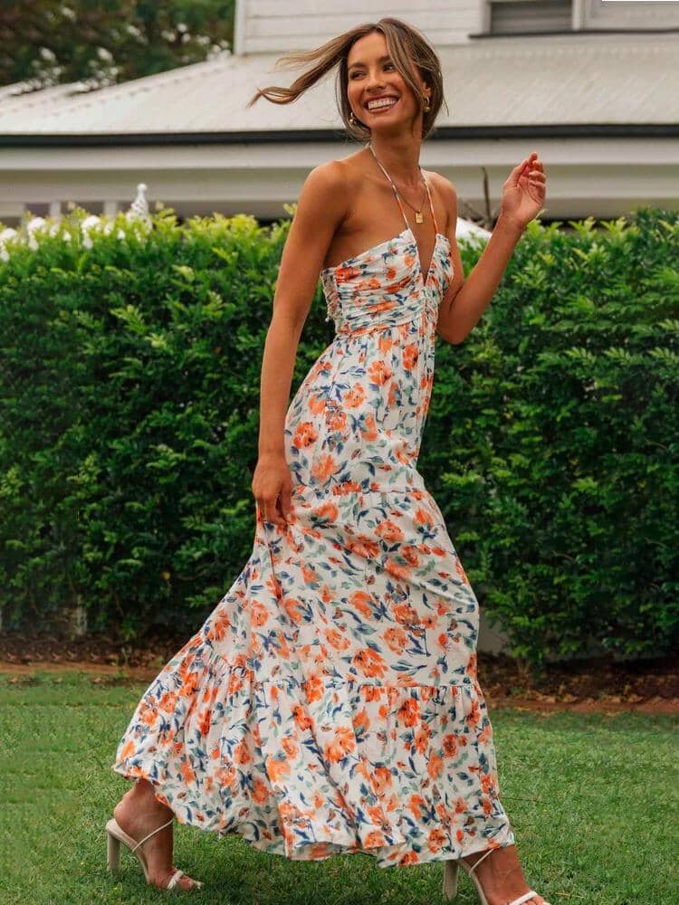 Floral Strapless Sweetheart Ruched Tiered Maxi Dress 2