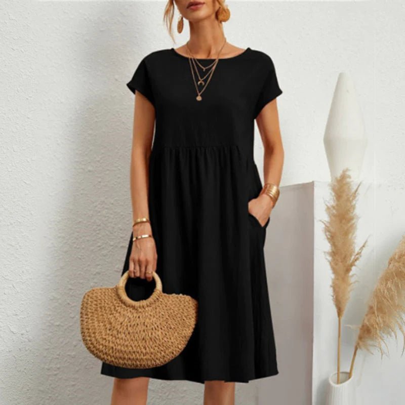 Round Neck Short Sleeve Smock Pocket Midi Dress - View 13