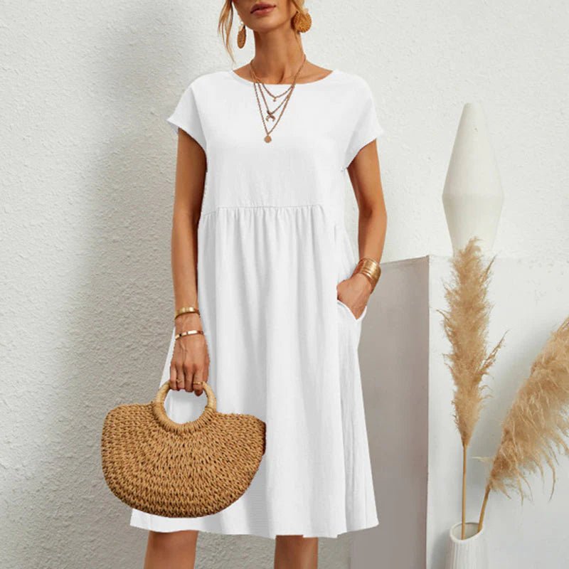 Round Neck Short Sleeve Smock Pocket Midi Dress - View 4
