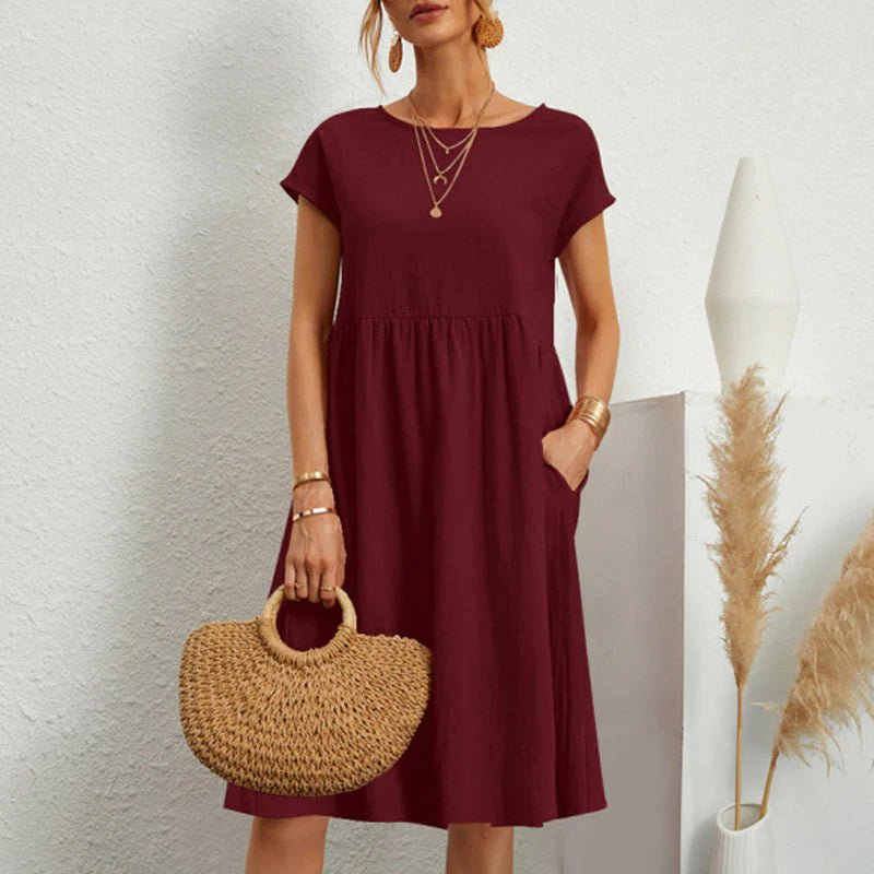 Round Neck Short Sleeve Smock Pocket Midi Dress - View 10