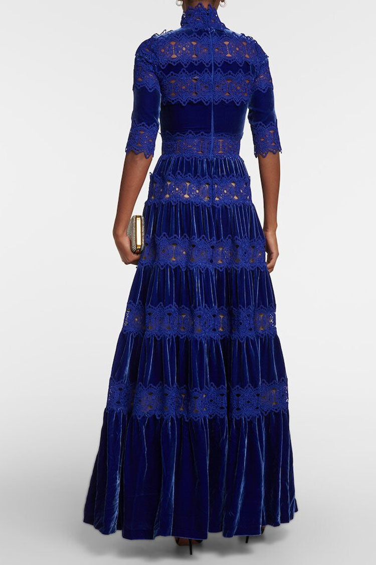 Velvet High Neck Half Sleeve Lace Trim Tiered Maxi Dress - View 2