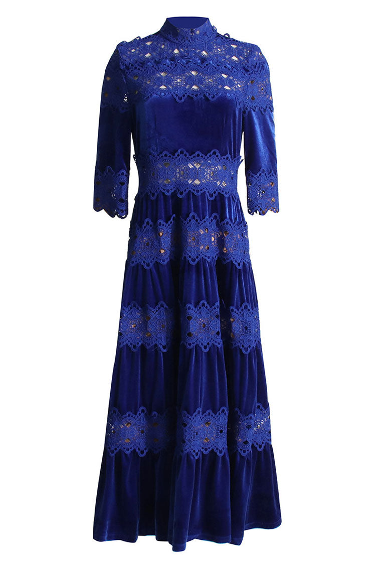 Velvet High Neck Half Sleeve Lace Trim Tiered Maxi Dress - View 3