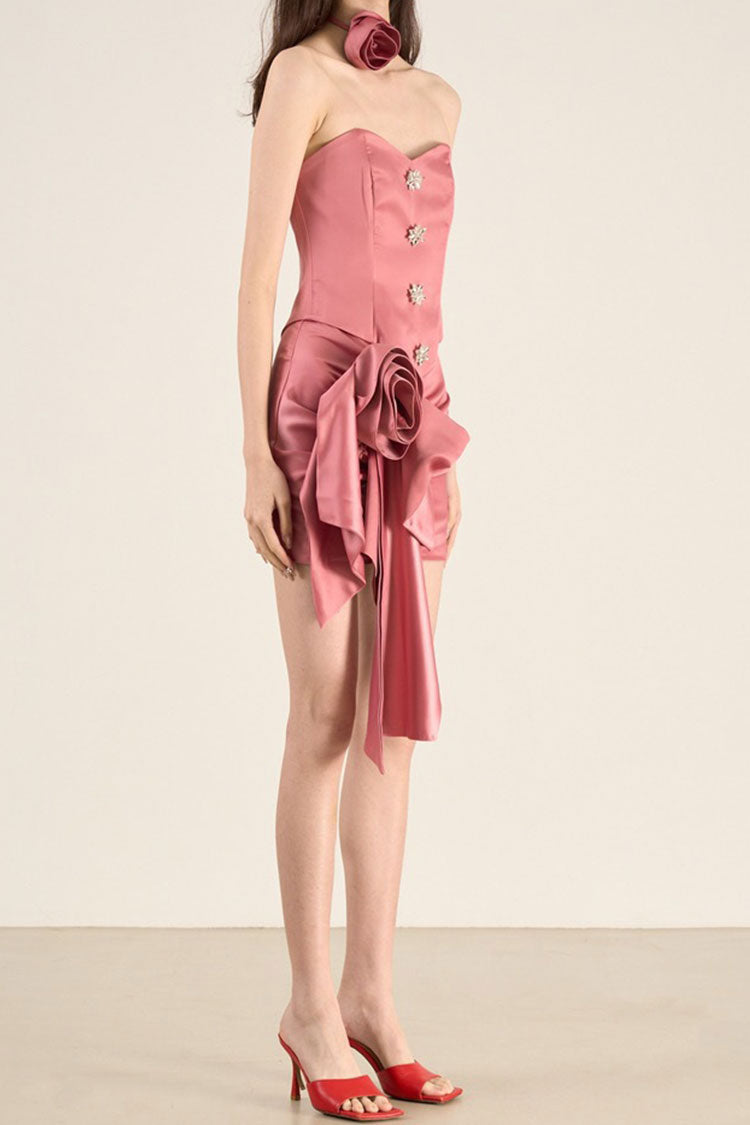 Satin Tube Top Rosette Bodycon Mini Two Piece Dress - View 2