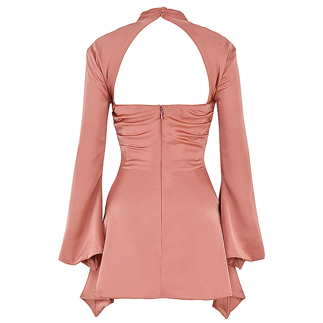 High Neck Cut Out Long Sleeve Draped Satin Mini Dress - Pink - View 4