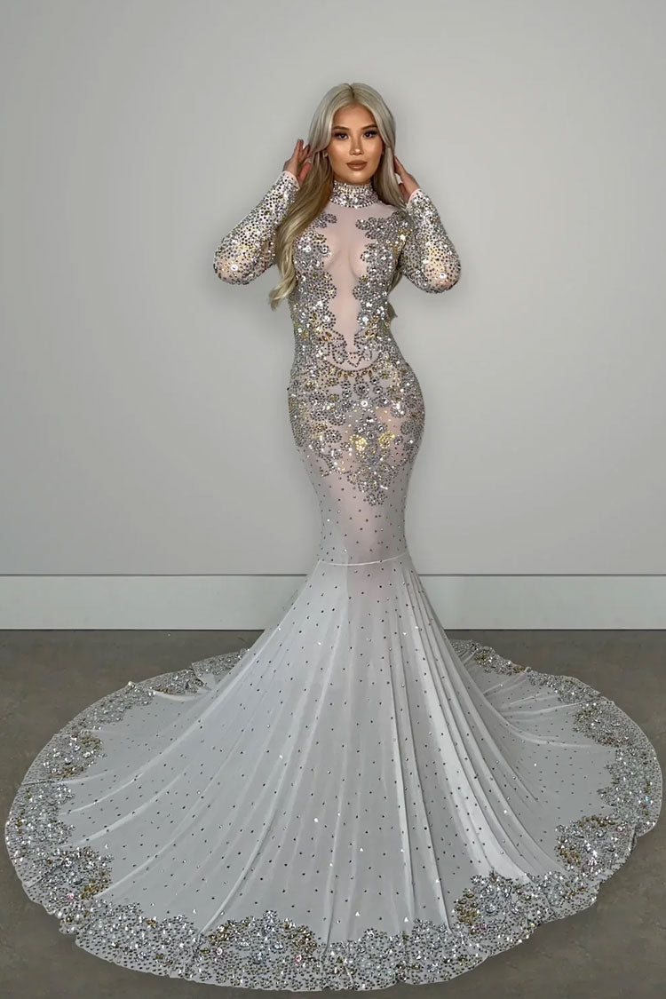 Mesh Long Sleeve Maxi Dress in White