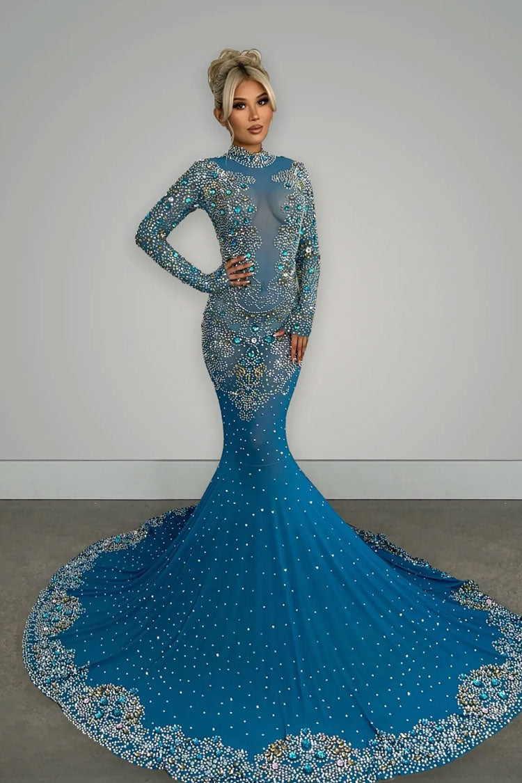 Rhinestone Long Sleeve Mesh High Neck Formal Maxi Gown - View 2