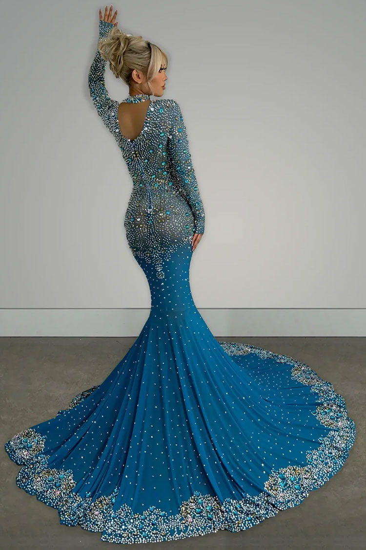 Rhinestone Long Sleeve Mesh High Neck Formal Maxi Gown - View 3