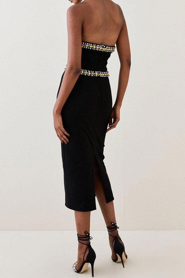 Rhinestone Halter Neck Beaded Bandage Bodycon Midi Dress - View 2